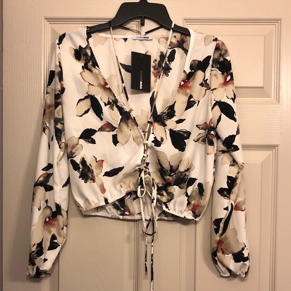 Fashion Nova Casey Lynn Ivory Floral Lace Up Top